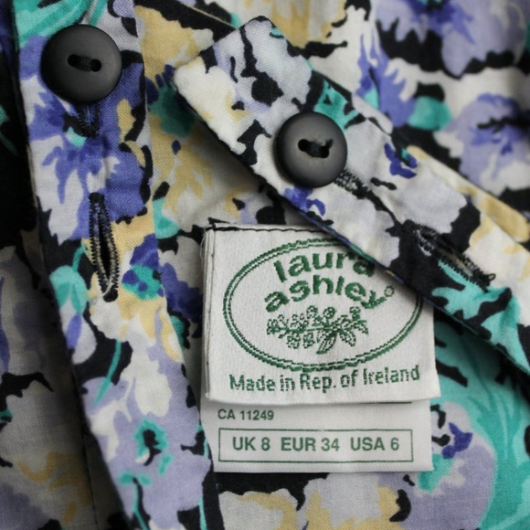 Vintage Laura Ashley Cross Back Dress Blue Pansy Print Cotton Made in Ireland